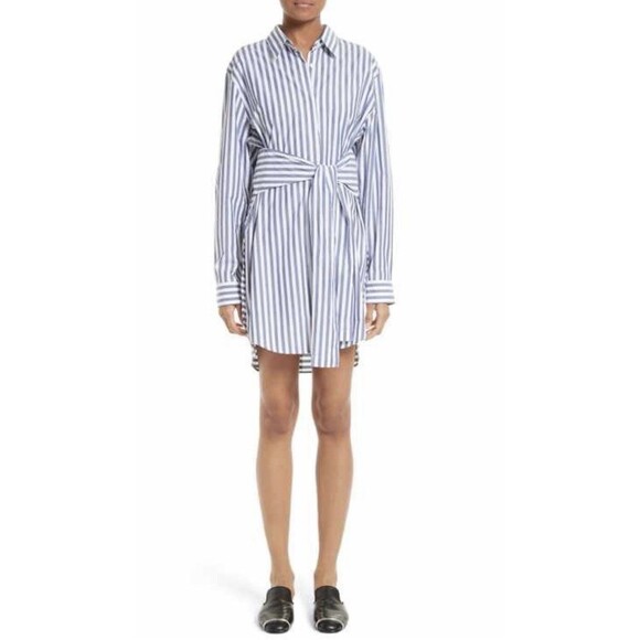 T By Alexander Wang Striped Button Down Tie Front Long Sleeve Shirt Dress Sz 8 - Picture 1 of 6